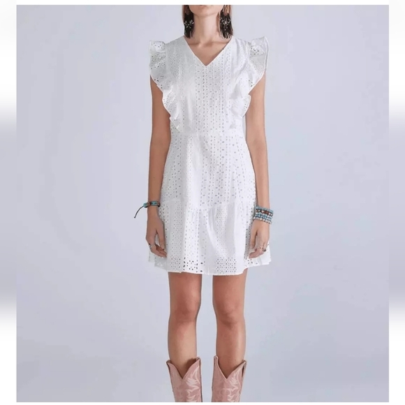 Miss Me Mini Dress Womens Large Sleeveless Ruffle Eyelet Lined Peasant Beachy